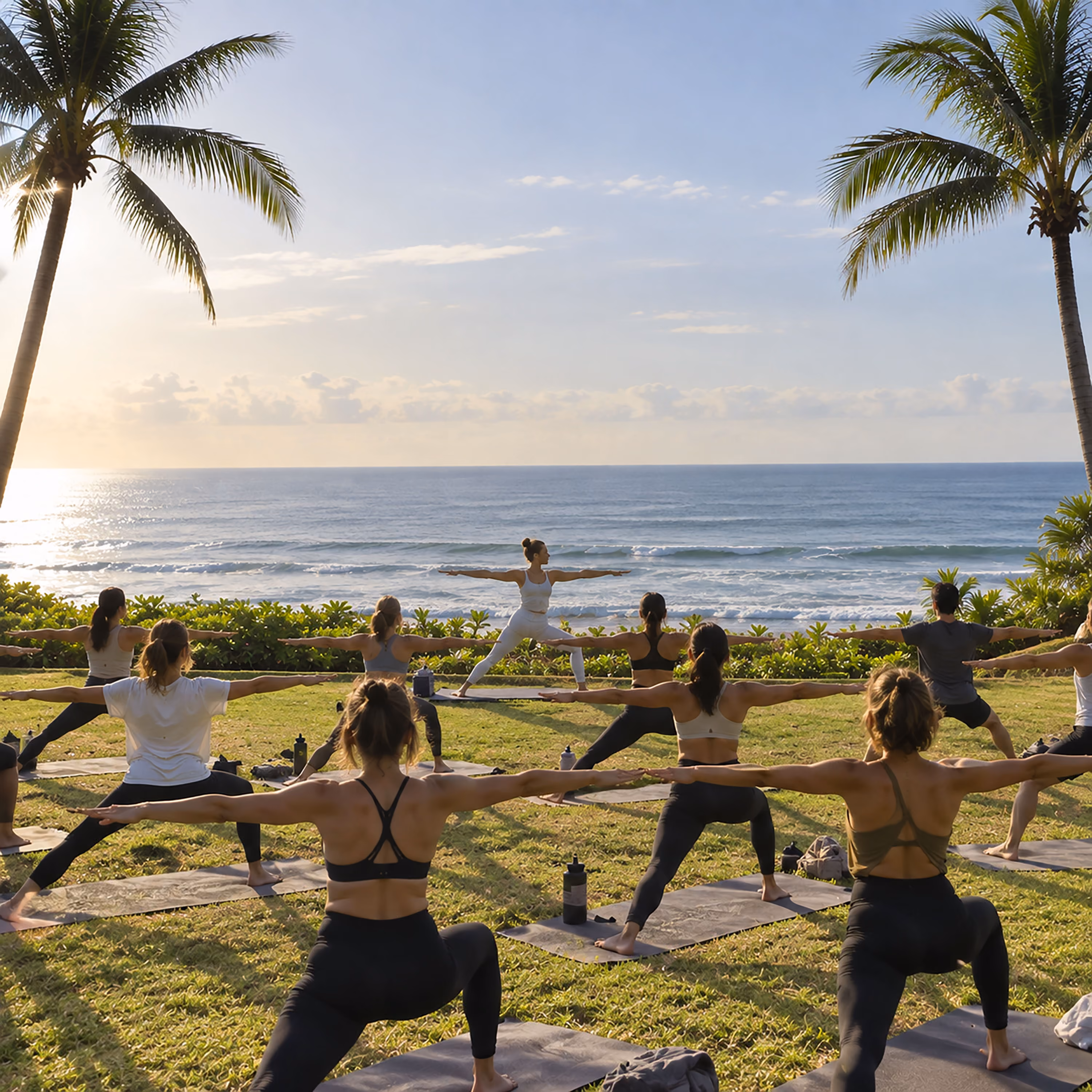 Outdoor yoga class in warrior pose facing the ocean at sunrise