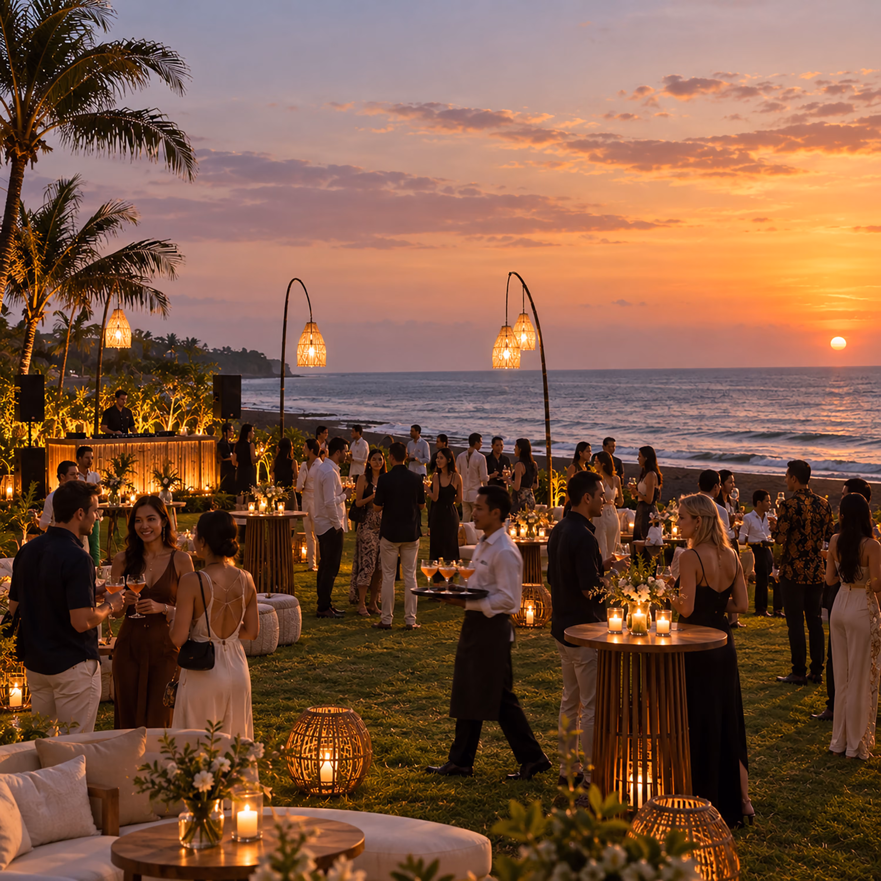 Guests gathered under hanging lanterns for an evening event at sunset