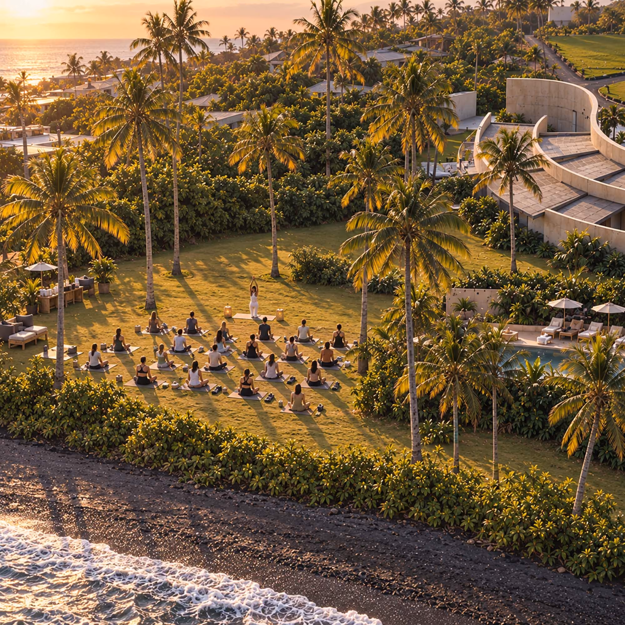 Aerial view of a group yoga and meditation session on the oceanfront lawn at sunrise