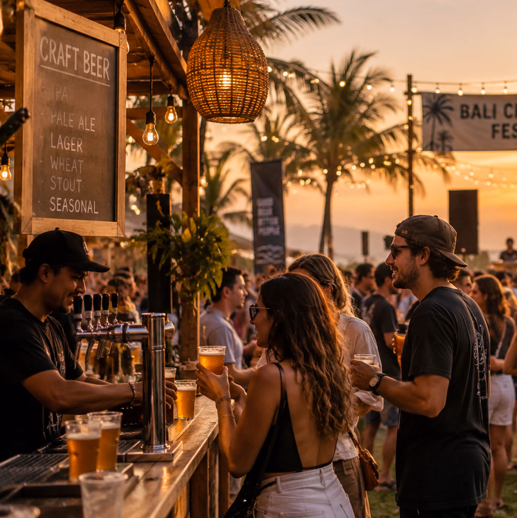 Guests enjoying craft beer at an outdoor beach festival bar at sunset