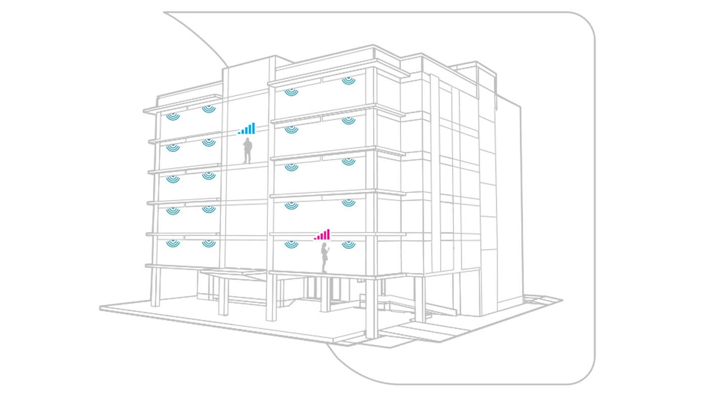 illustration of an office building with multiple floors and network connections