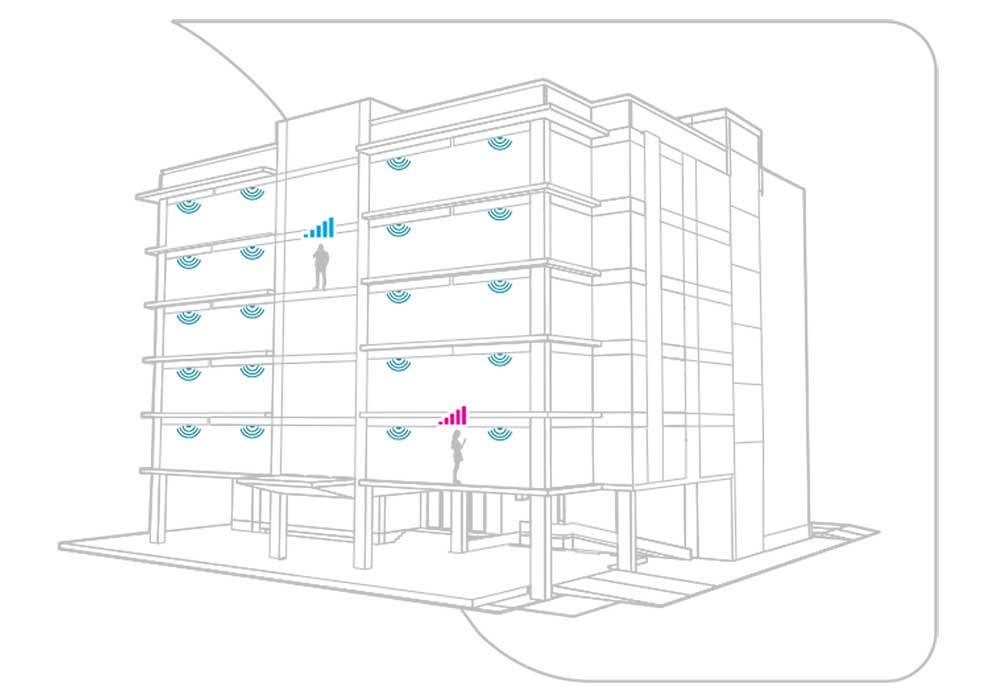 illustration of an office building with multiple floors and network connections