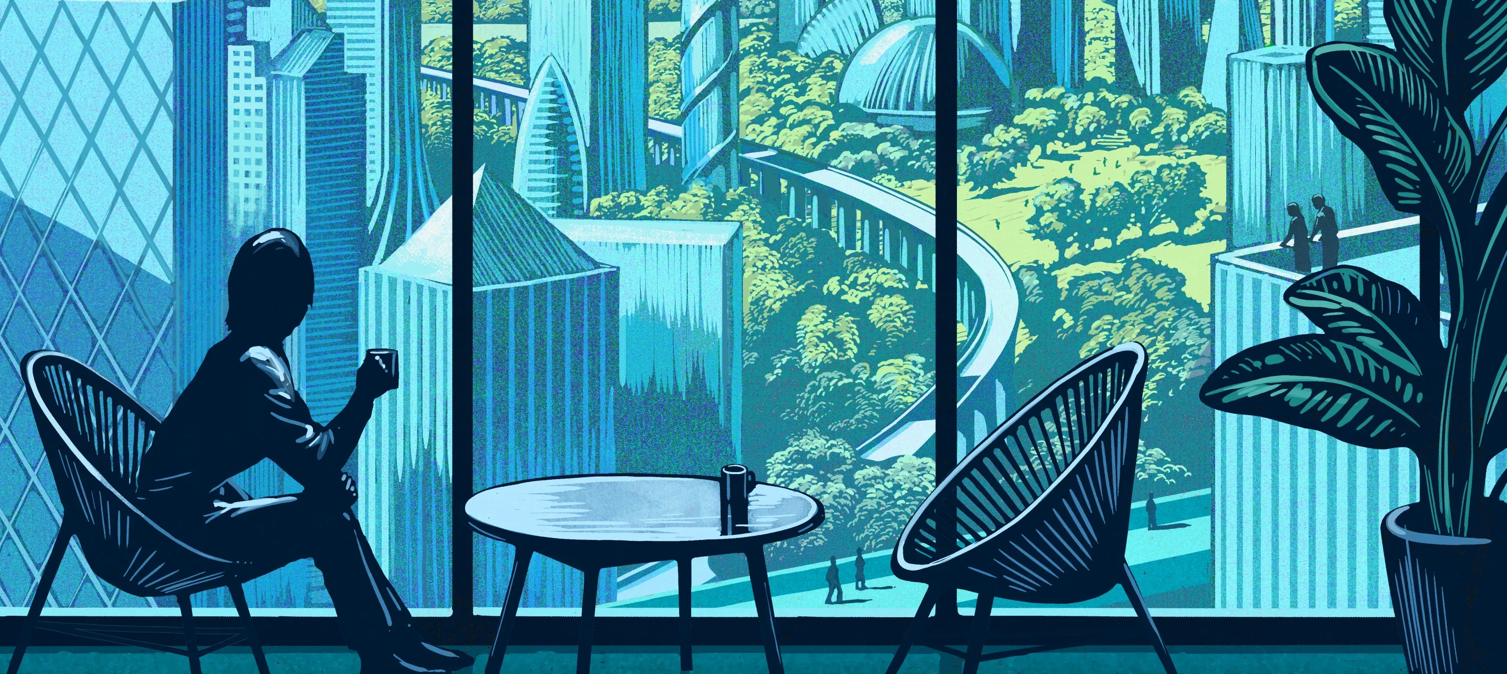 Illustration of a person with a coffee cup sitting by a window above a green, futuristic city