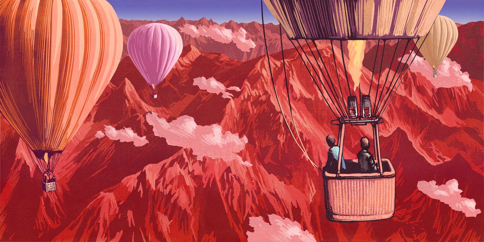 Illustration of hot-air balloons drifting over red mountains