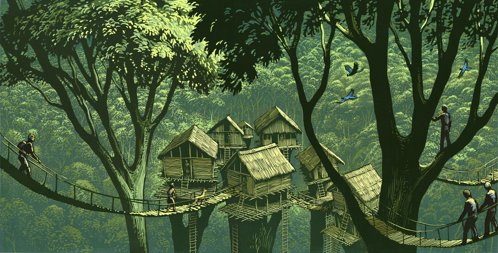 Illustration of treehouses linked by rope bridges in a green forest canopy