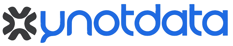 Ynotdata company logo with black abstract symbol and blue lowercase text.