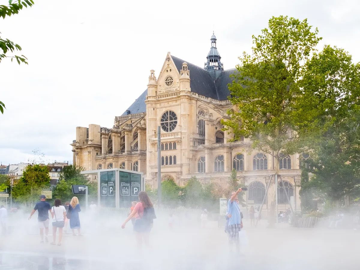 View of the Saint-Eustache church from the Nelson Mandela garden at Les Halles, near the Hôtel Crayon in Paris