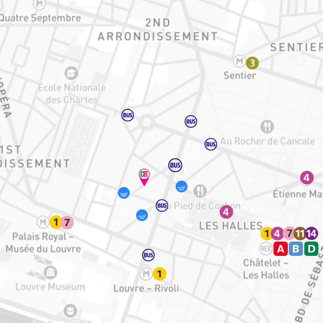 Carte montrant une partie du 1er et 2e arrondissement de Paris avec des icônes pour les stations de métro, bus, vélos en libre-service et autres points d'intérêt comme le Louvre, Palais Royal, Les Halles, et plusieurs lignes de transport en commun identifiées par des chiffres et des lettres de couleurs différentes.