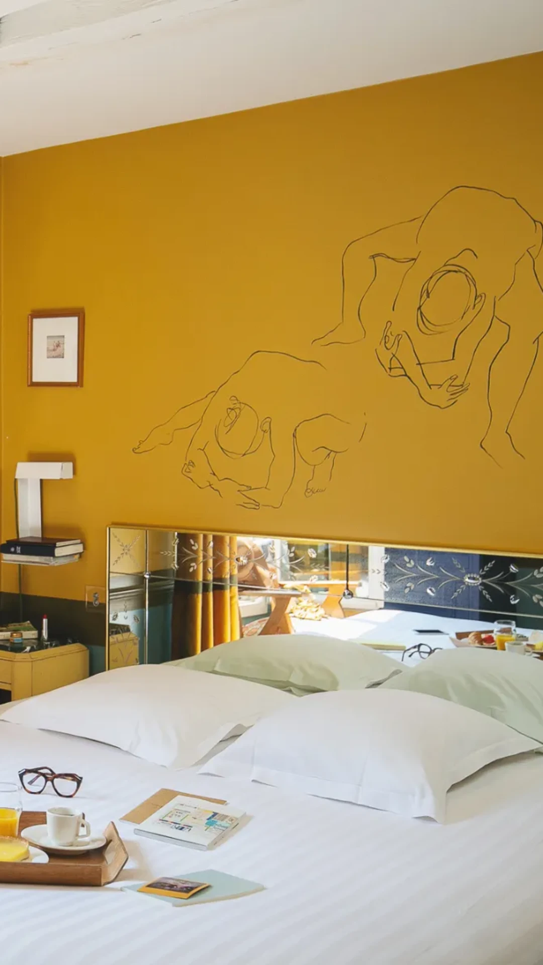 Chambre jaune moutarde de l'Hôtel Crayon à Paris 1er avec dessin mural et petit-déjeuner au lit