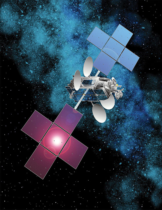 Illustration of a HughesNet communications satellite in orbit.