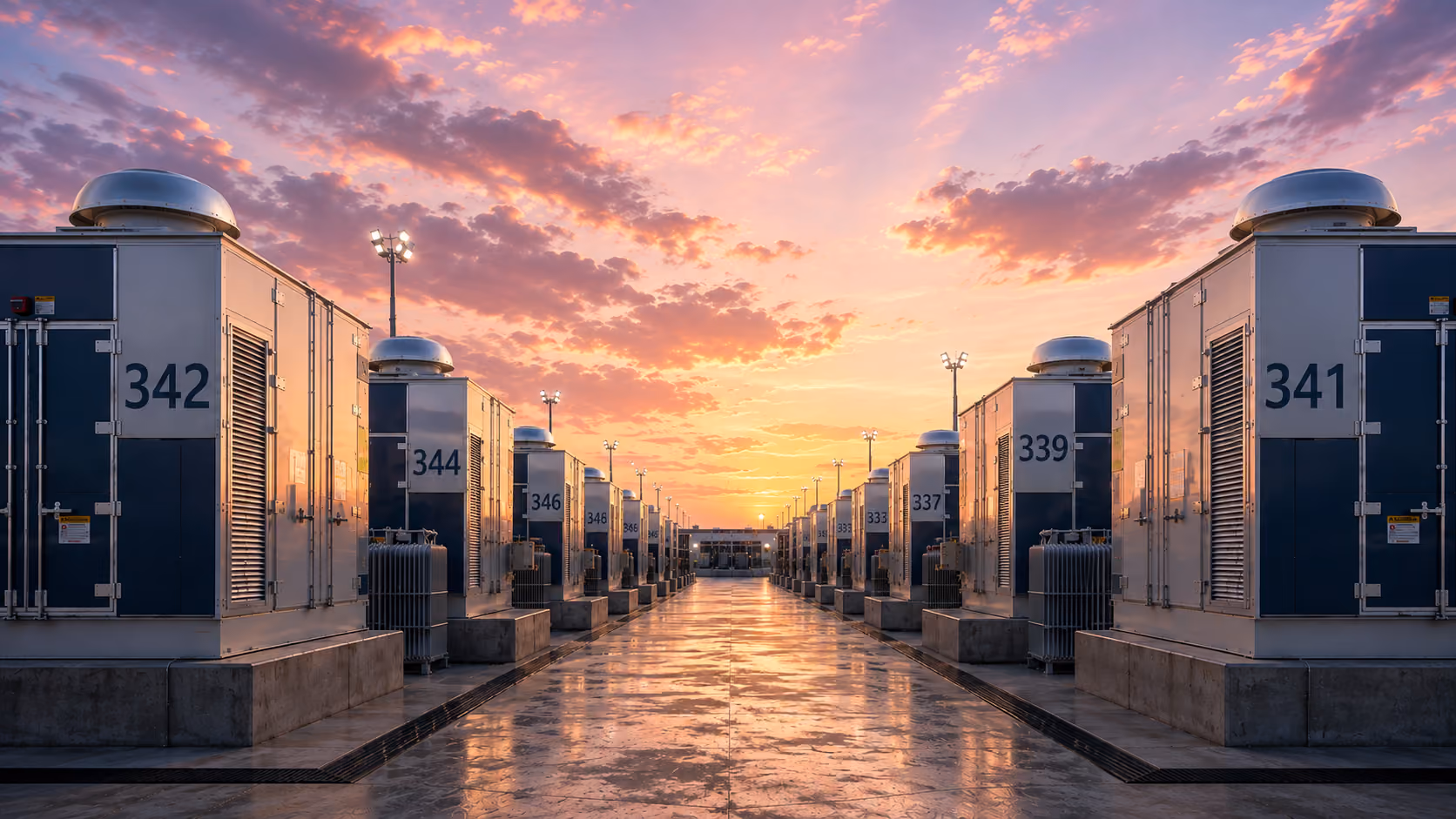 Rows of industrial HVAC units numbered 341 to 346 aligned on both sides of a wide reflective walkway under a colorful sunrise sky with scattered clouds.