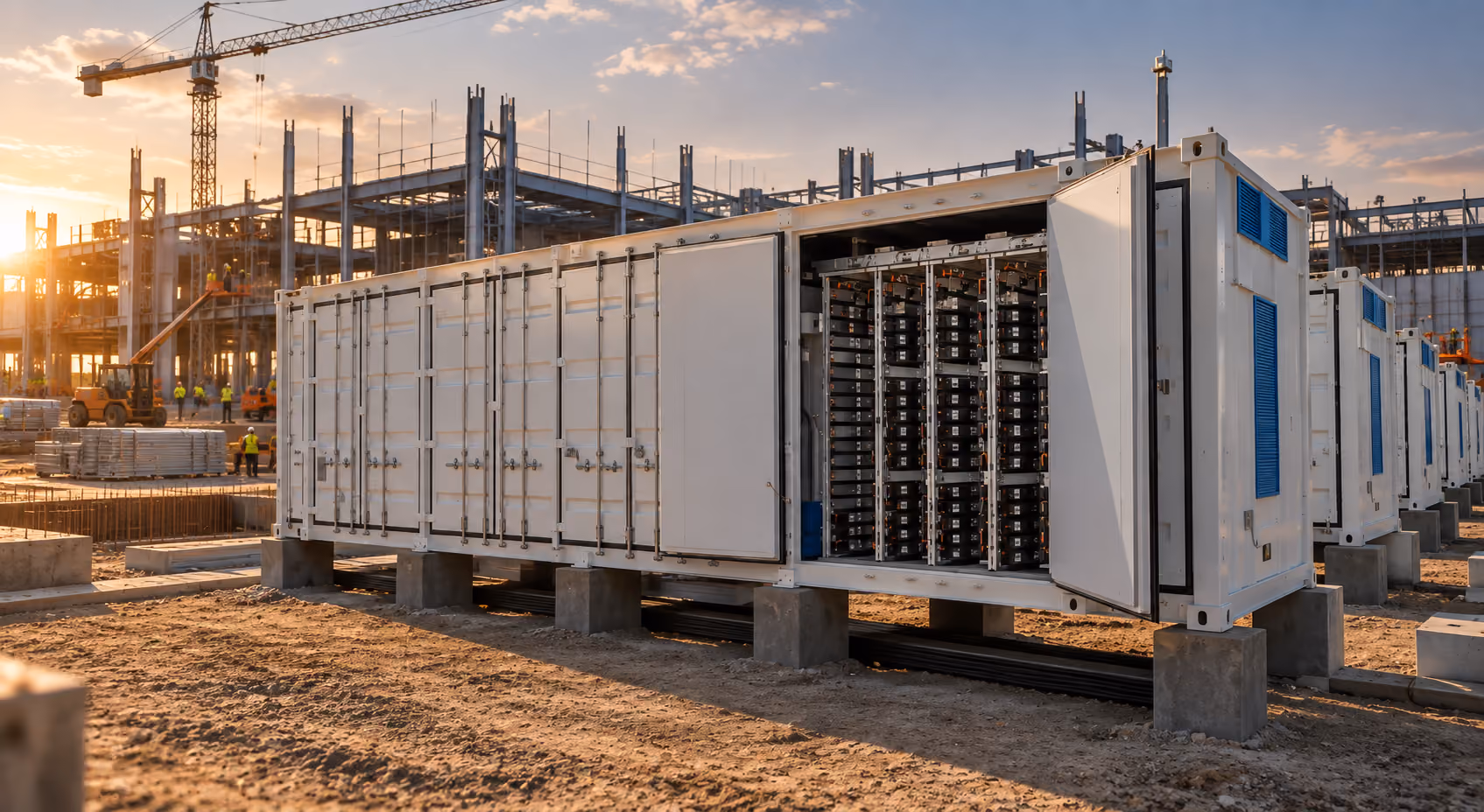 Outdoor server container units with open doors showing rows of server racks at a construction site during sunset, with cranes and building frameworks in the background.