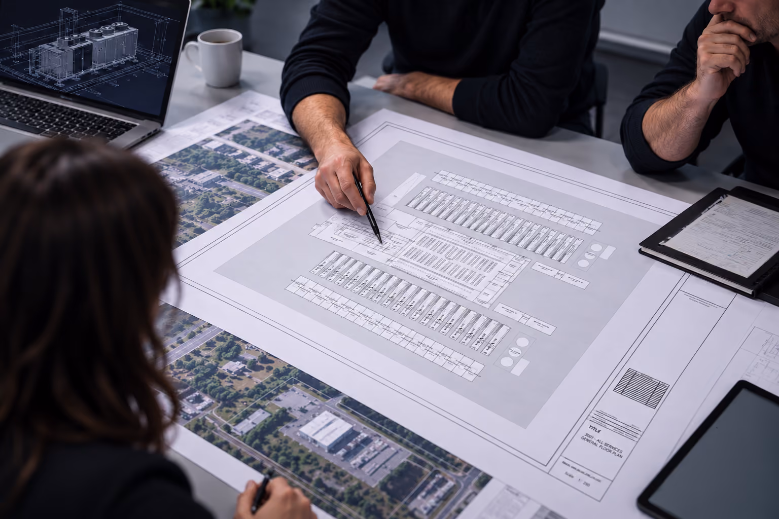Three people sitting around a table reviewing architectural blueprints and an aerial photo of a building complex, with a laptop displaying a 3D model of a building in the background.