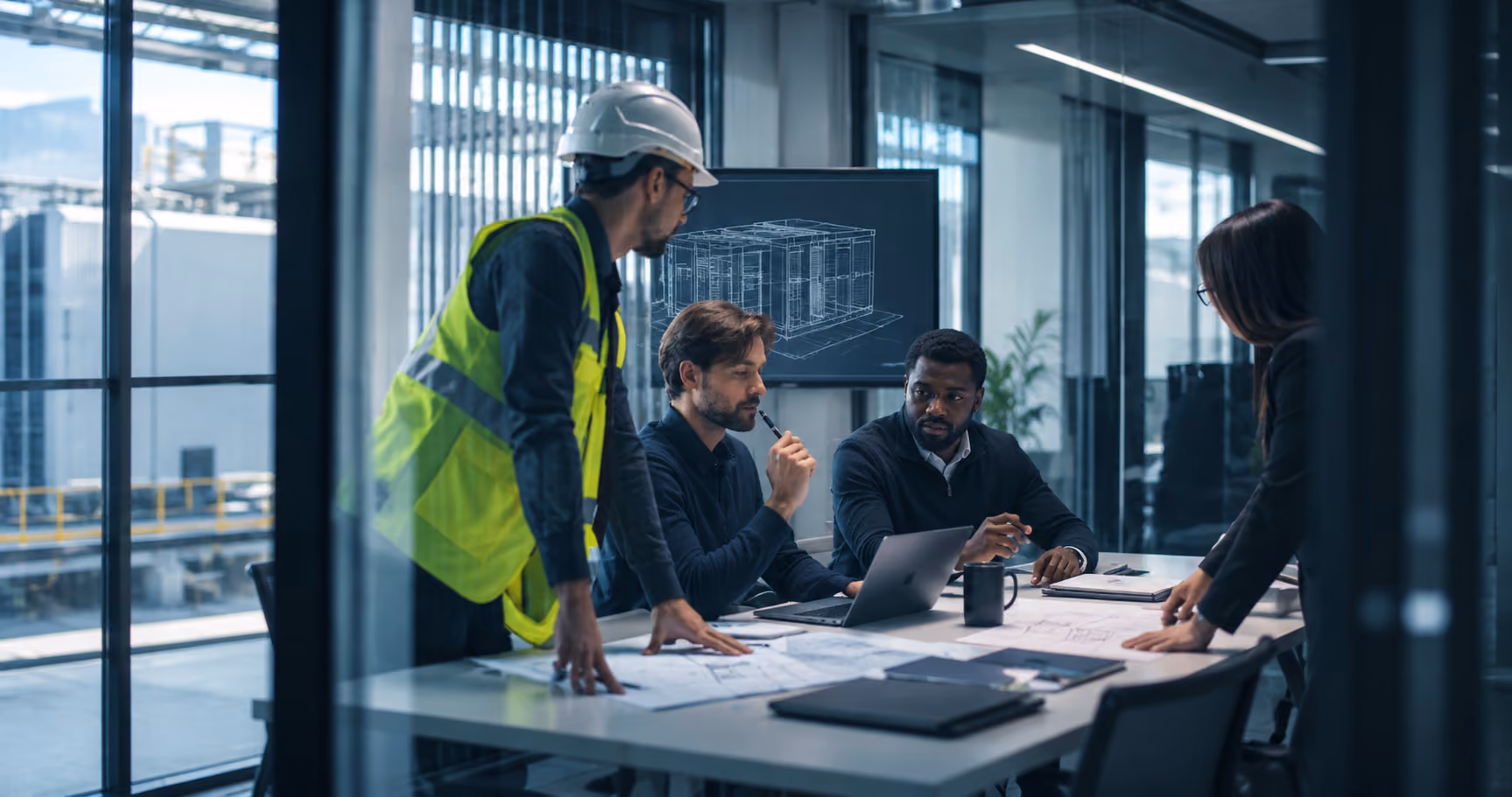 Four professionals in an office meeting room discussing architectural plans on a table, with one person in a construction helmet and vest standing, two seated men engaged with a laptop and documents, and a woman also standing by the table, a digital blueprint displayed on a screen behind them.
