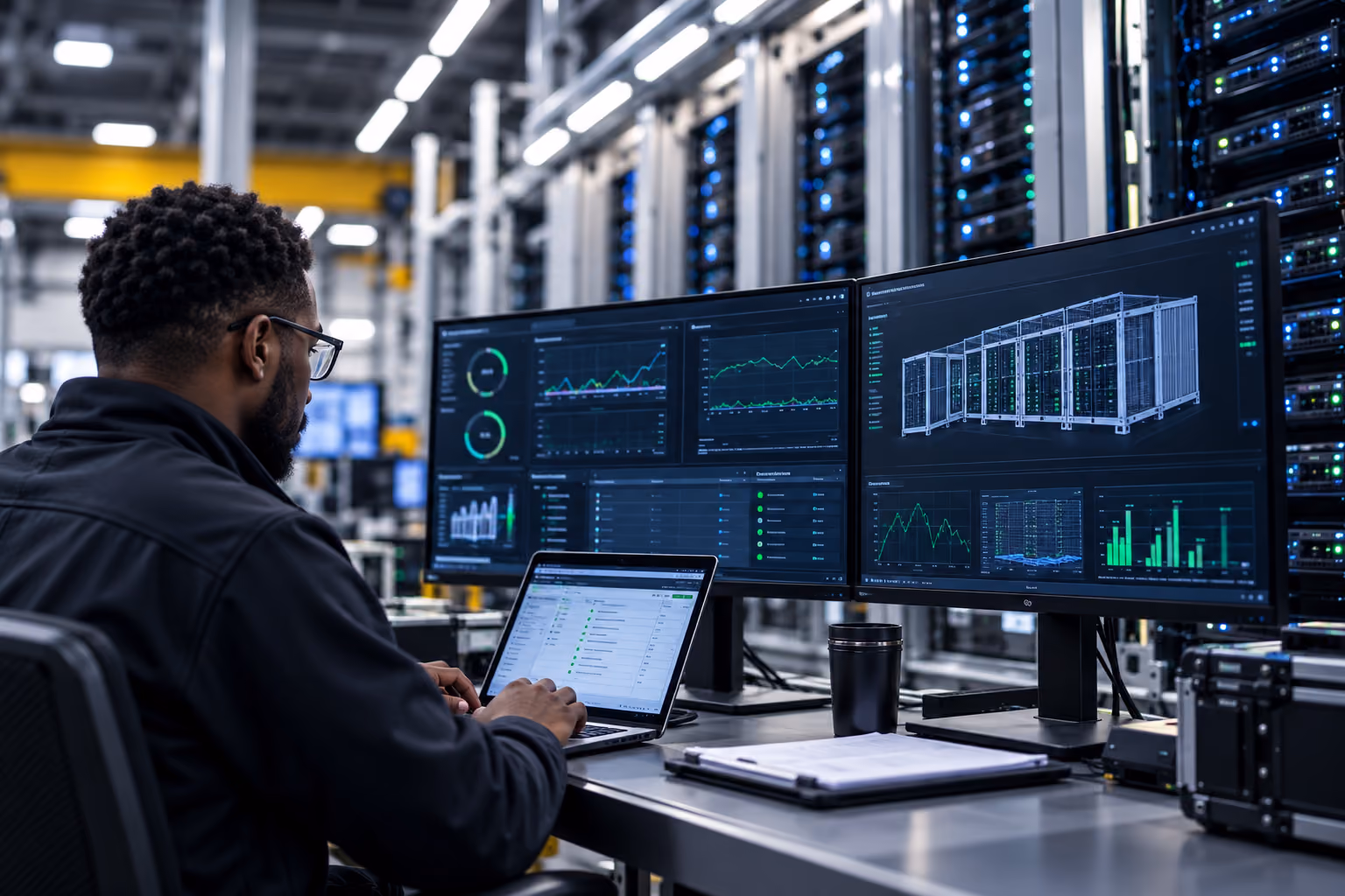 Man working on a laptop with two large monitors displaying data charts and server rack diagrams in a data center with multiple server racks in the background.