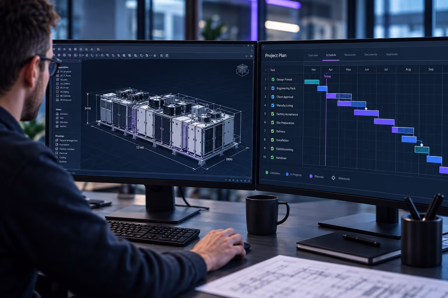Man working at a desk with dual monitors displaying a 3D mechanical model and a project plan Gantt chart with timeline from March to September.