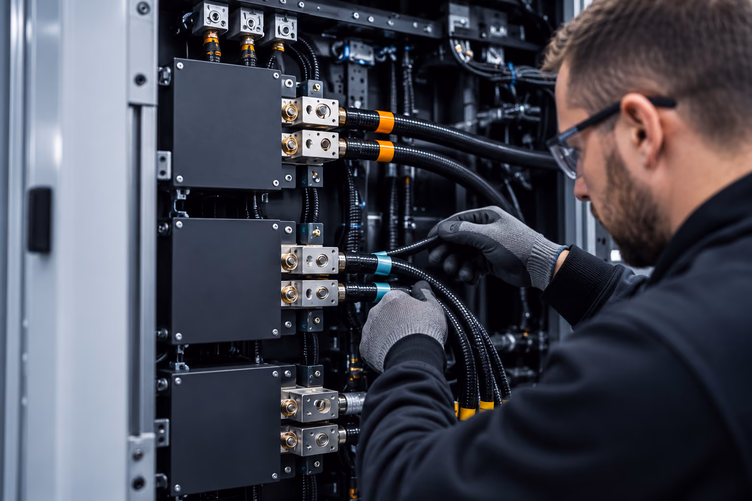 Technician wearing glasses and gloves connecting or inspecting thick black cables with colored labels inside an electrical or server panel.