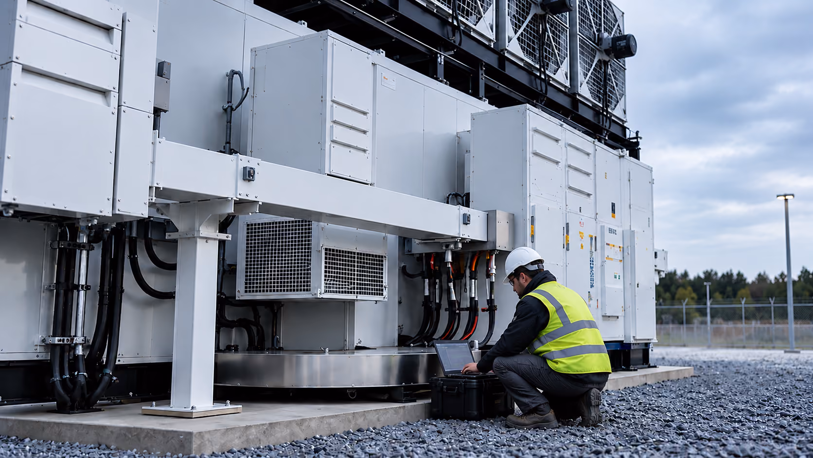 A technician wearing a white hard hat and yellow safety vest crouches on gravel while using a laptop next to large industrial electrical equipment outdoors under a cloudy sky.