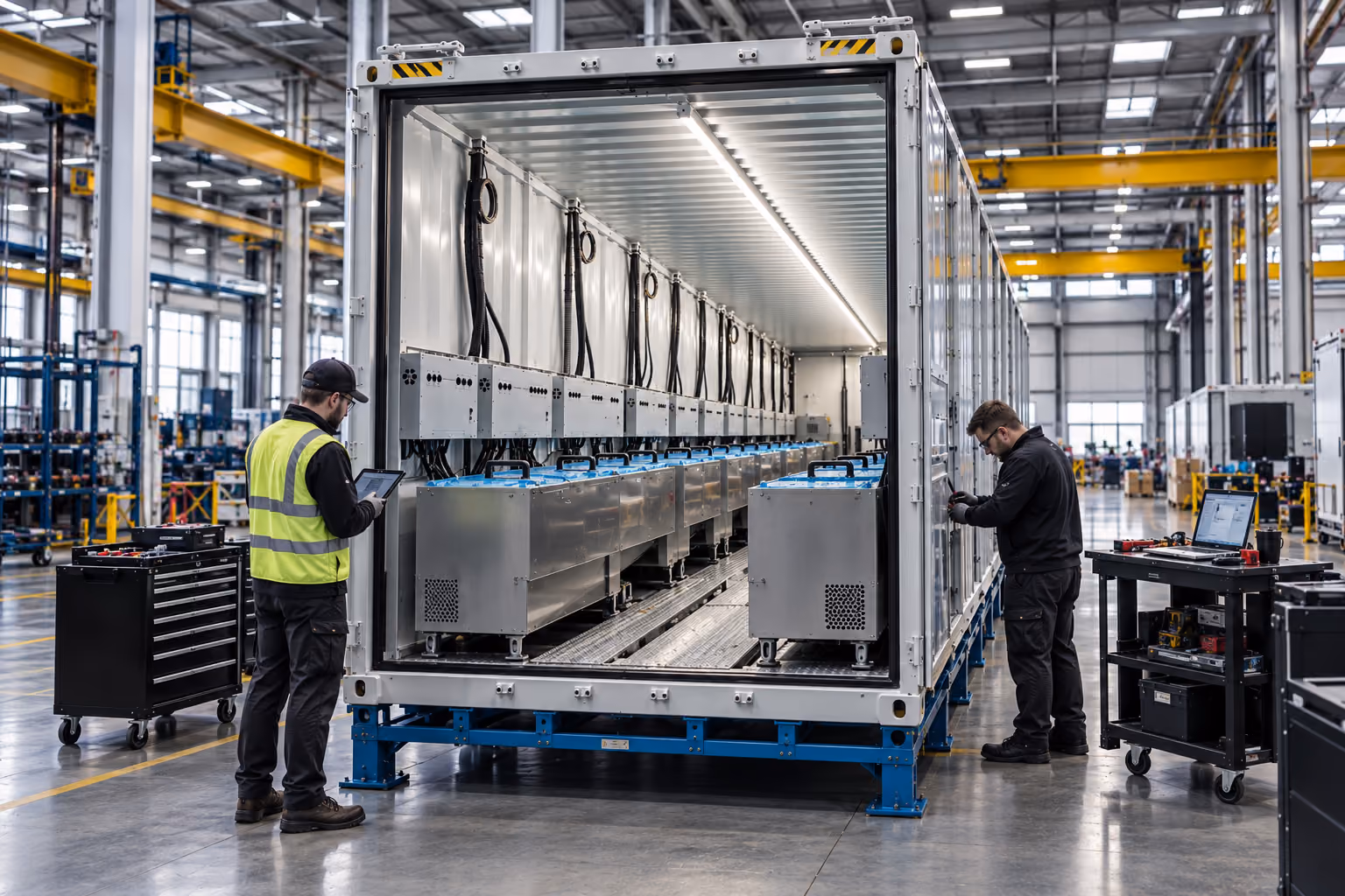 Two technicians work inside a large industrial warehouse beside a long row of large silver battery units or energy storage modules housed in an open container, with one technician checking a tablet and the other using a tool on the equipment.