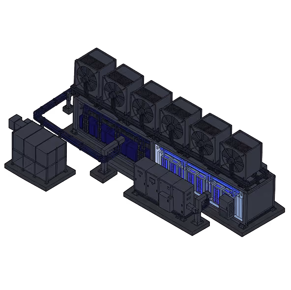 Isometric illustration of an industrial cooling system with six large fans mounted on top of a long rectangular unit connected by pipes to an adjacent control panel and machinery.