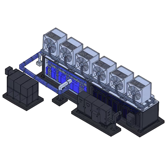 Isometric digital illustration of an industrial cooling system featuring six large cooling fans mounted on top of a rectangular base, connected by blue piping to various control units and equipment housed in black and blue enclosures.