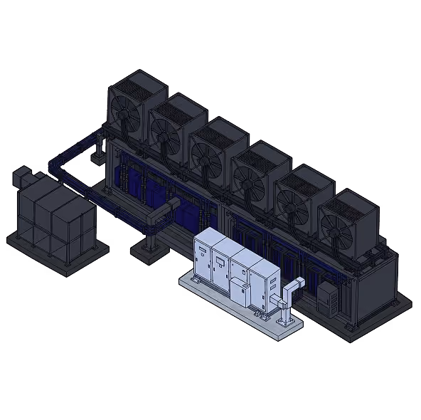 Isometric technical illustration of a large industrial cooling system with six large fans on top, connected piping, control panels, and a separate box-like unit on the left side.