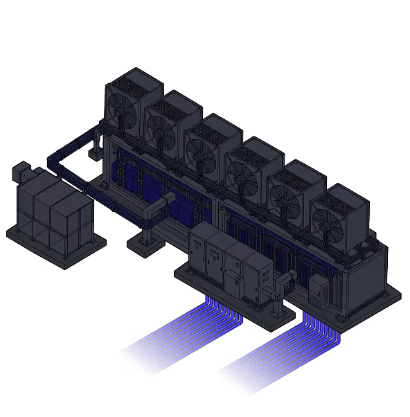 Isometric illustration of a modular data center cooling system with six large fan units on top, connected to electrical and mechanical control panels, with multiple conduits and piping indicated by blue lines extending outward.