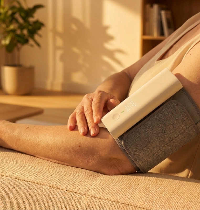 Personne assise portant un tensiomètre connecté au bras pour mesurer la pression artérielle dans un environnement intérieur éclairé par la lumière naturelle.
