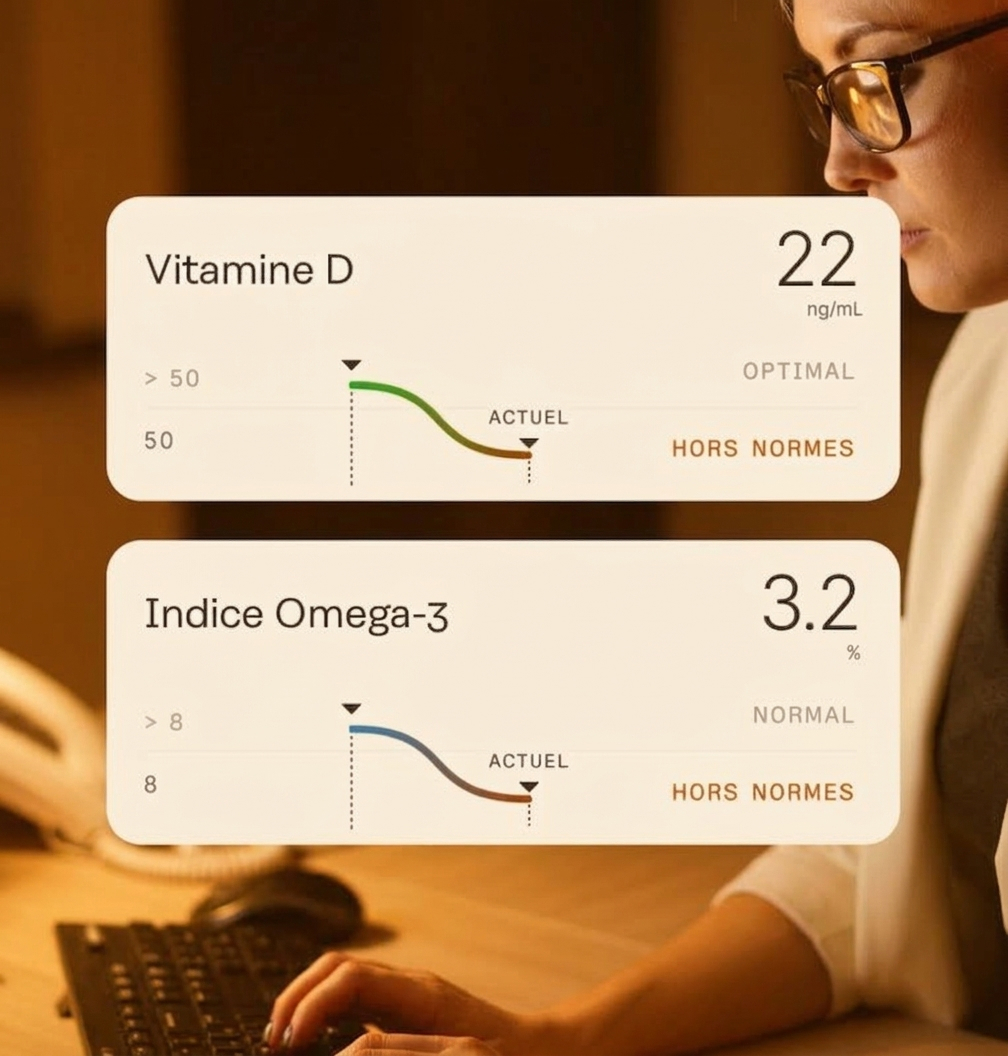 Une femme portant des lunettes regarde un écran affichant les niveaux de vitamine D à 22 ng/mL indiquant un état hors normes et un indice Omega-3 à 3,2 % aussi hors normes, avec des graphiques montrant les valeurs actuelles en baisse par rapport aux seuils recommandés.