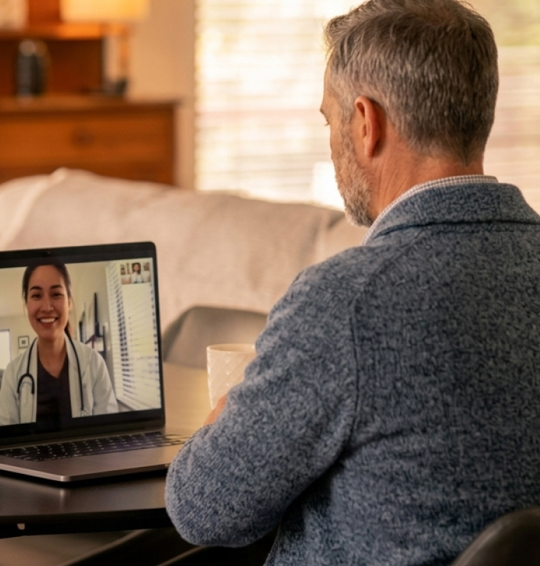 Un homme d'âge moyen assis à une table, tenant une tasse, en consultation vidéo avec une femme médecin souriante visible sur l'écran de son ordinateur portable.
