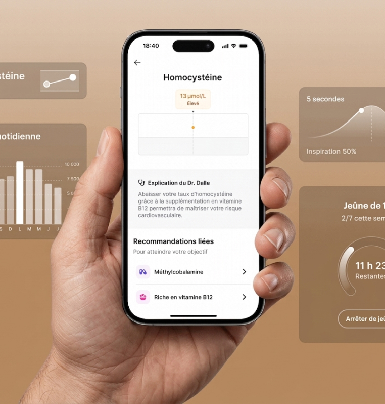 Main tenant un smartphone affichant une application mesurant le taux d'homocystéine à 13 µmol/L, indiqué comme élevé, avec explications du Dr Dalle sur la réduction du taux par supplémentation en vitamine B12 pour réduire le risque cardiovasculaire et des recommandations liées : méthylcobalamine et aliments riches en vitamine B12.