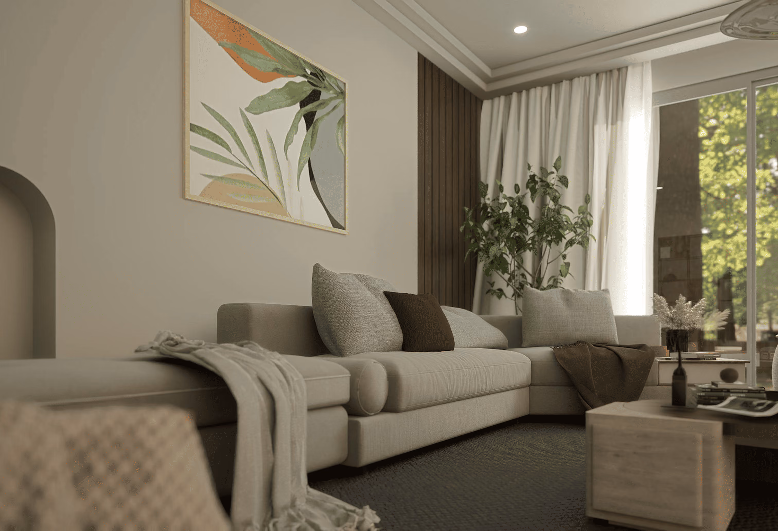 Modern living room with beige sectional sofa, decorative pillows, a throw, plant, and abstract wall art.