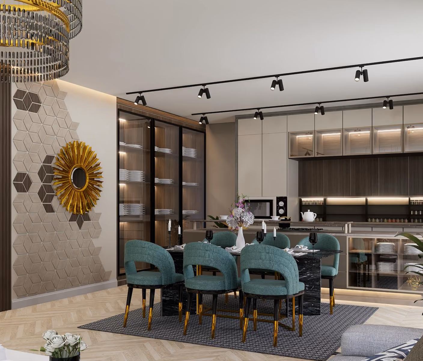 Modern dining area with teal chairs around black table, decorative wall, and well-lit kitchen cabinets.