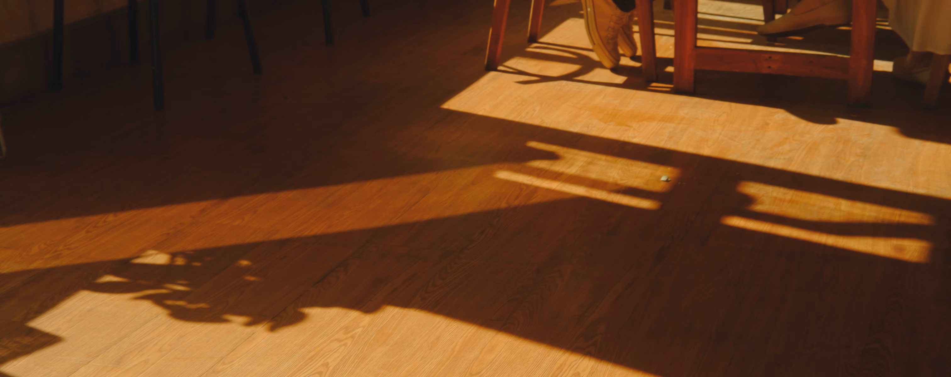 Shadows of chairs and people on a wooden floor lit by warm sunlight.