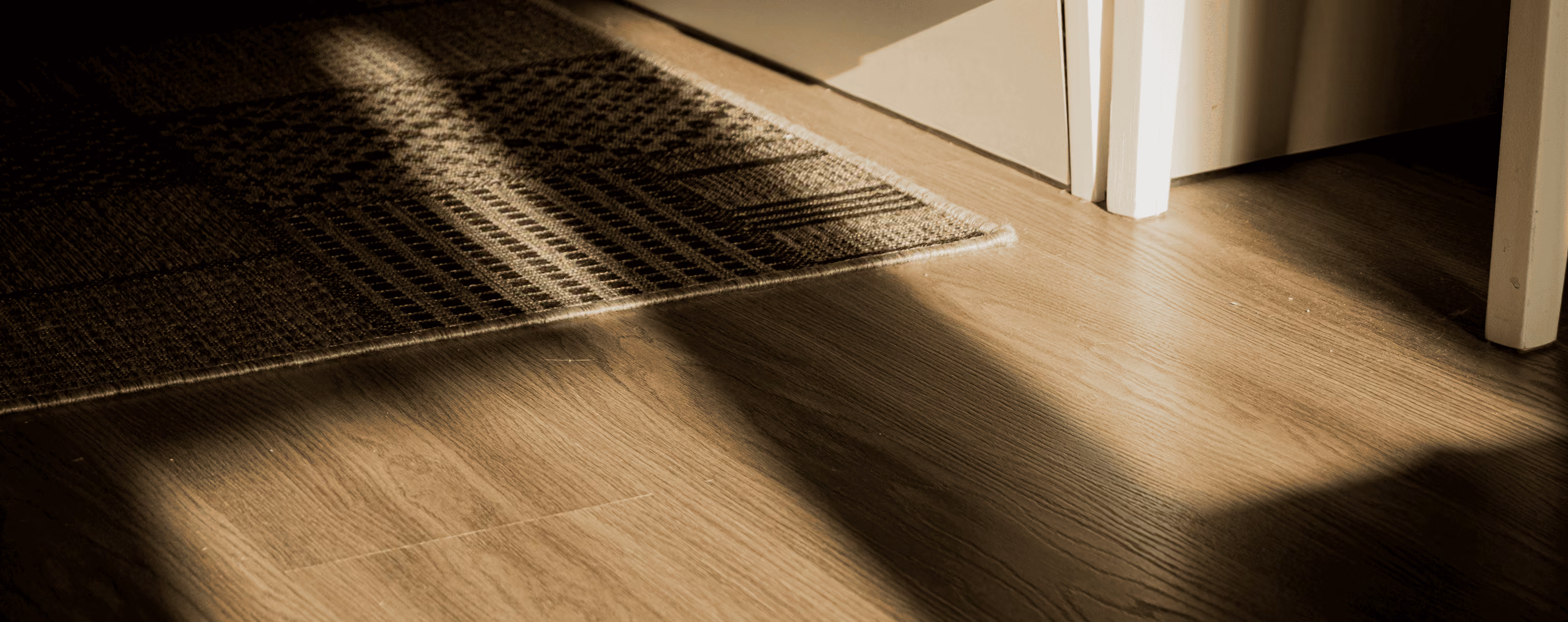 Sunlight casting shadows on a wood floor near a door and patterned rug edge.