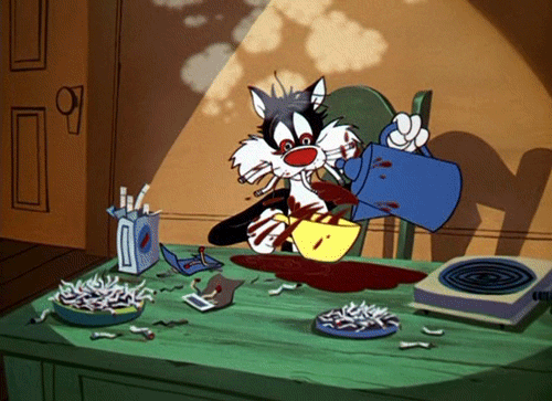 Animated cat character pouring a large blue jug of red liquid onto a yellow bowl on a green table cluttered with cigarette butts and broken items.