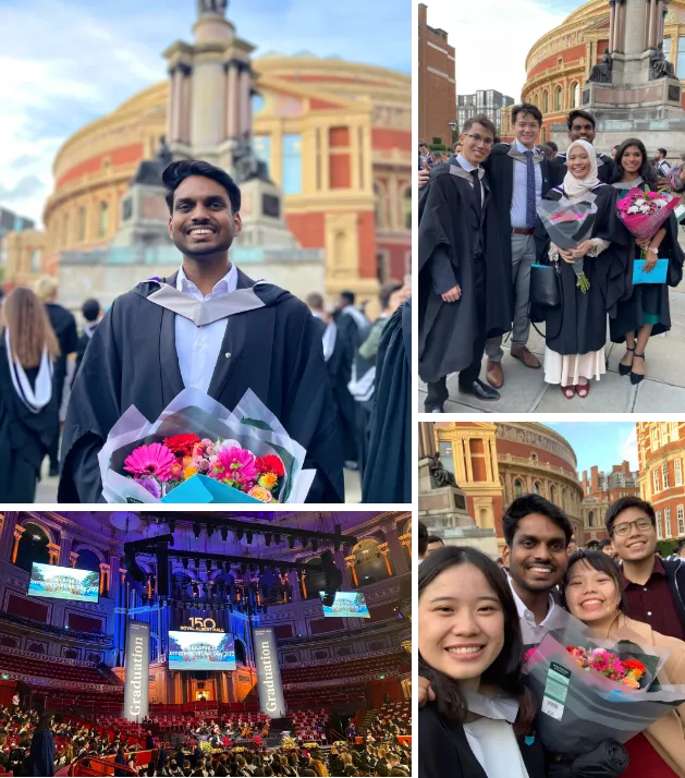 Collage of graduation moments including graduates in gowns holding bouquets outside a classical building and a crowded auditorium decorated for the 150th graduation ceremony.