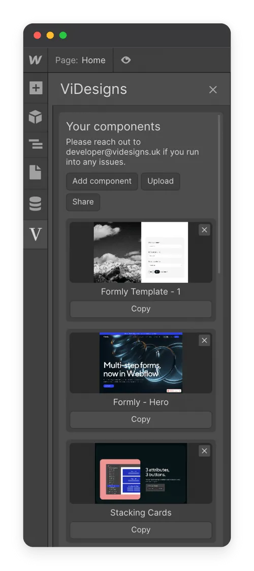 Web design interface showing components panel with options to add, upload, and share components including Formly Template - 1, Formly - Hero, and Stacking Cards, each with a preview and copy button.