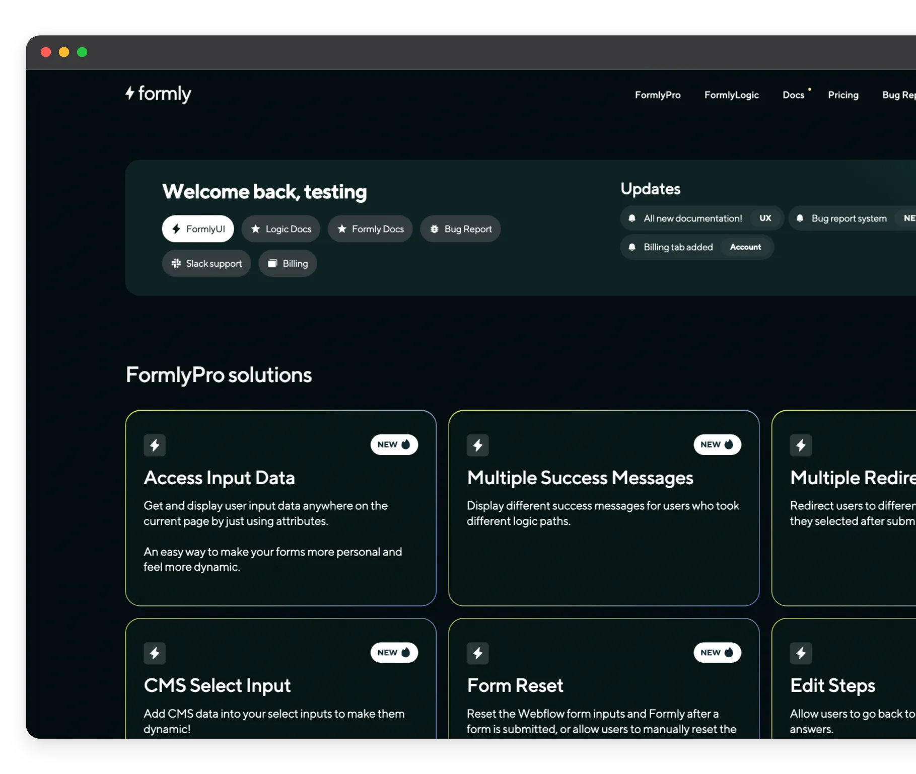 Formly dashboard showing welcome message, updates, and FormlyPro solutions including Access Input Data, Multiple Success Messages, CMS Select Input, Form Reset, and Edit Steps features.