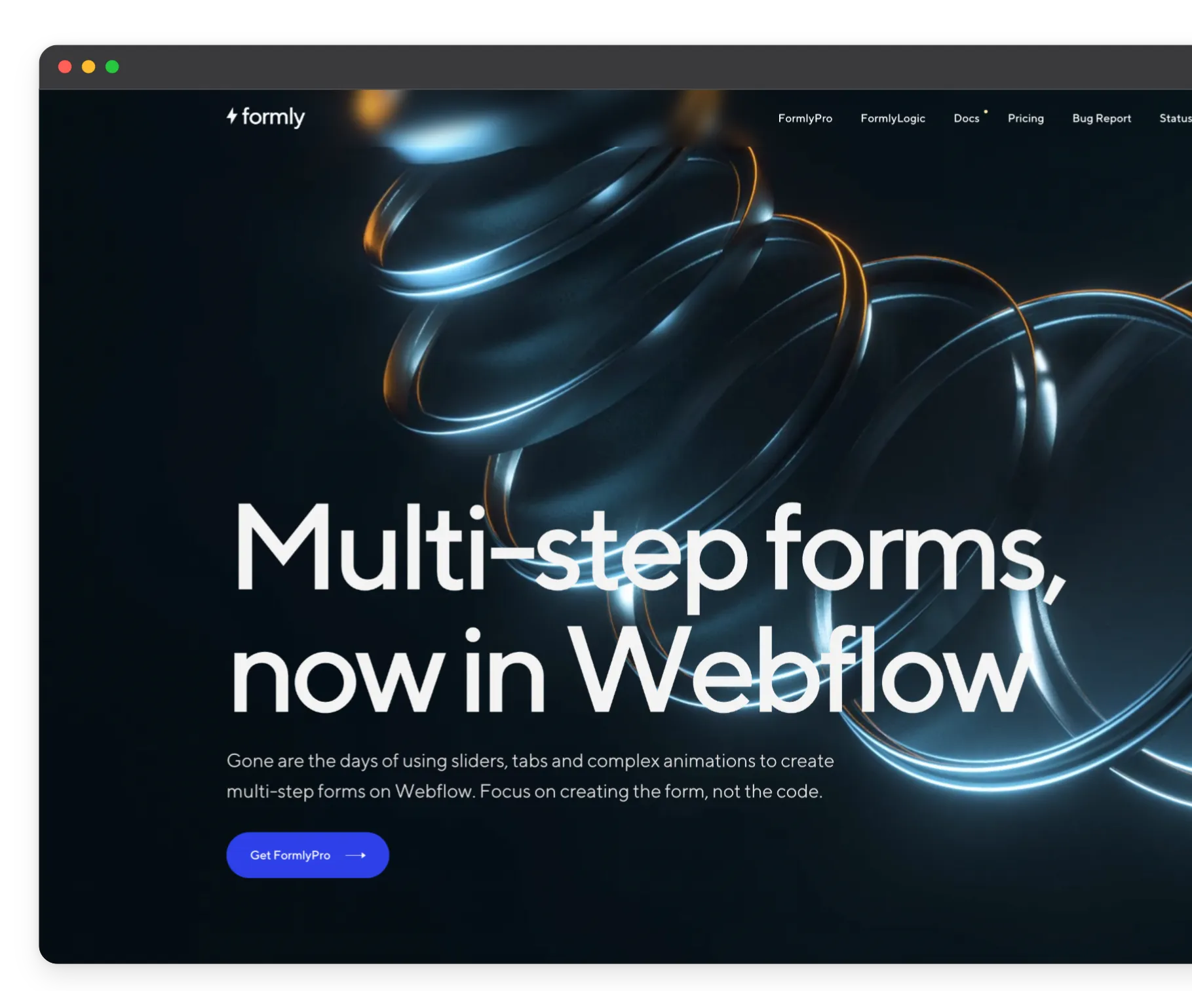 Website interface showing multi-step forms now available in Webflow with a glowing abstract spiral background and a blue button labeled Get FormlyPro.