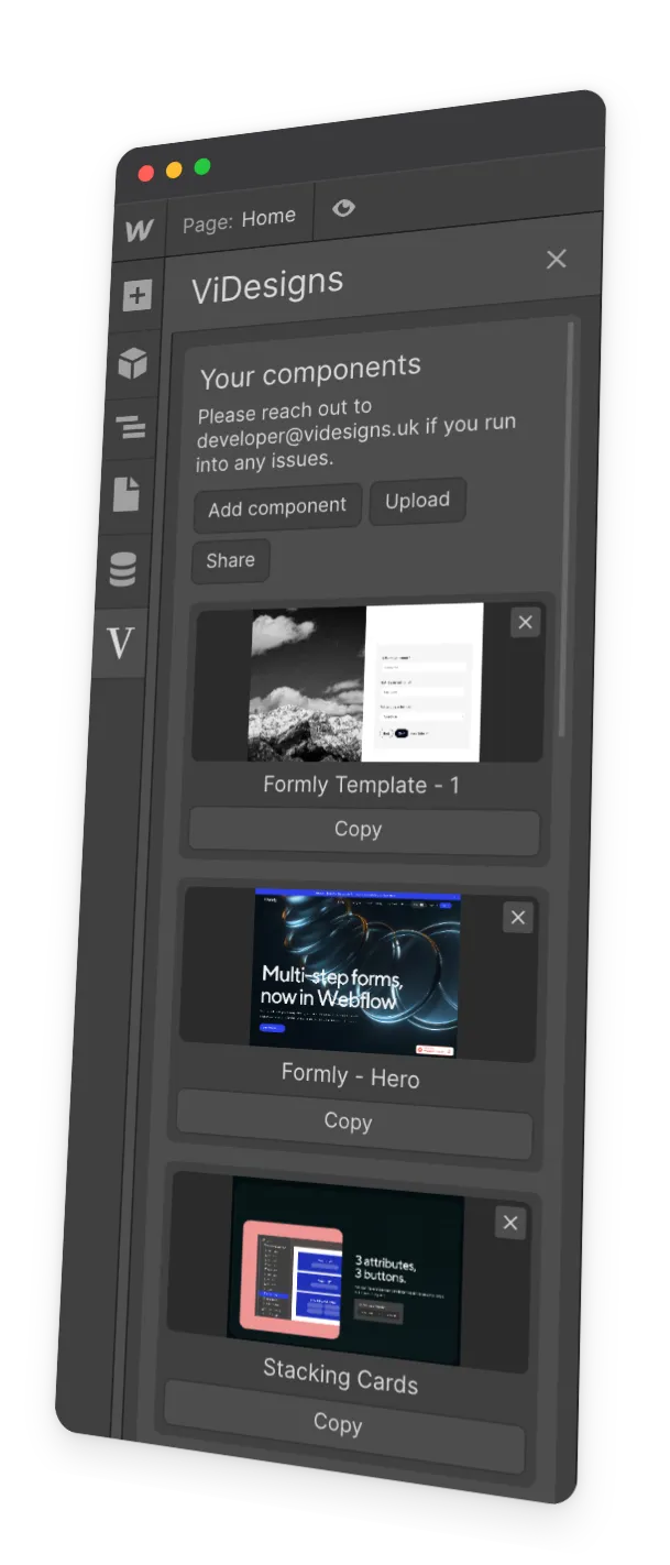Software interface showing ViDesigns components panel with options to add, upload, and share components, listing three templates named Formly Template - 1, Formly - Hero, and Stacking Cards, each with a copy button.