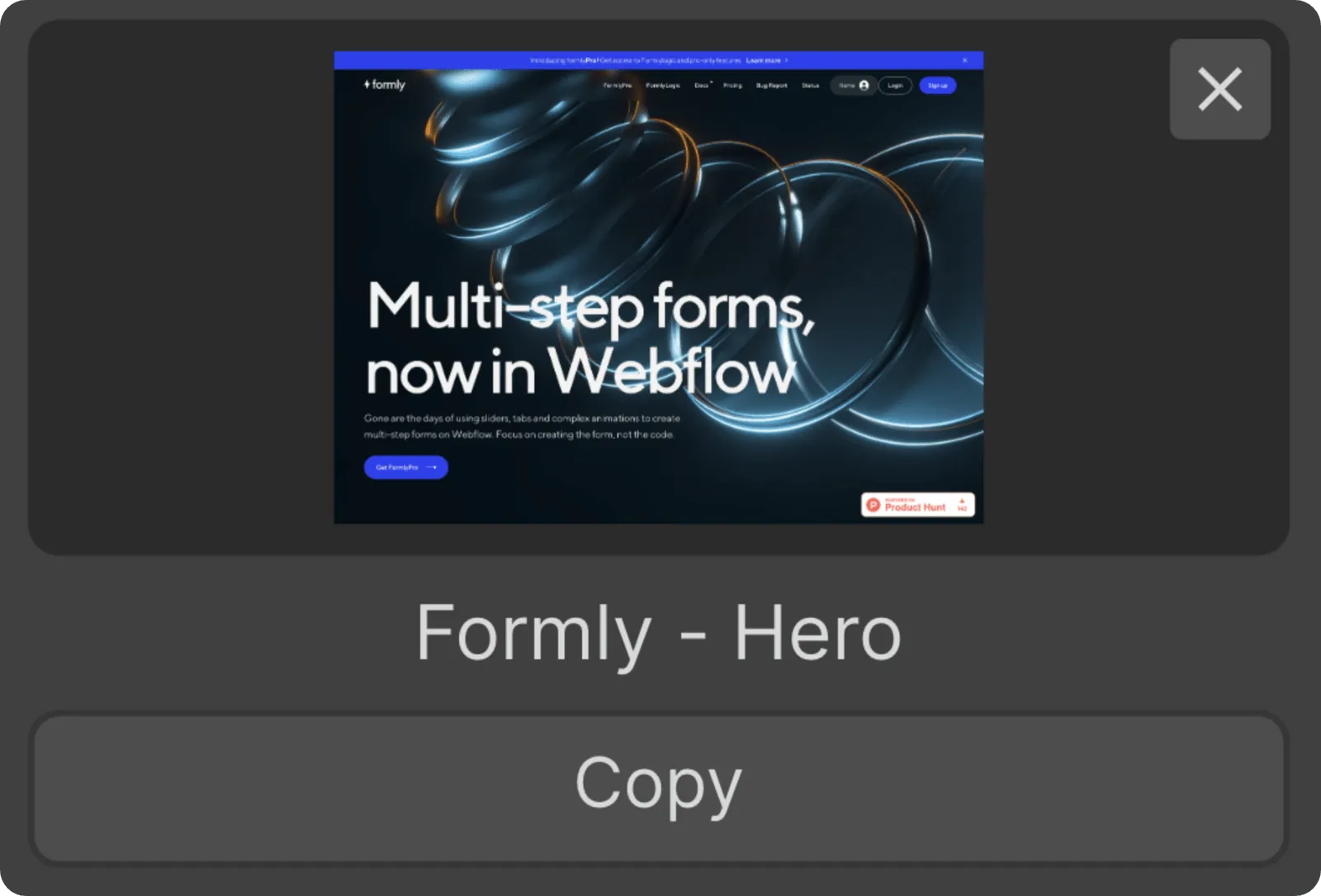 Website hero section with headline 'Multi-step forms, now in Webflow' and a blue button labeled 'Get Formly Pro' on a dark background with abstract glowing rings.