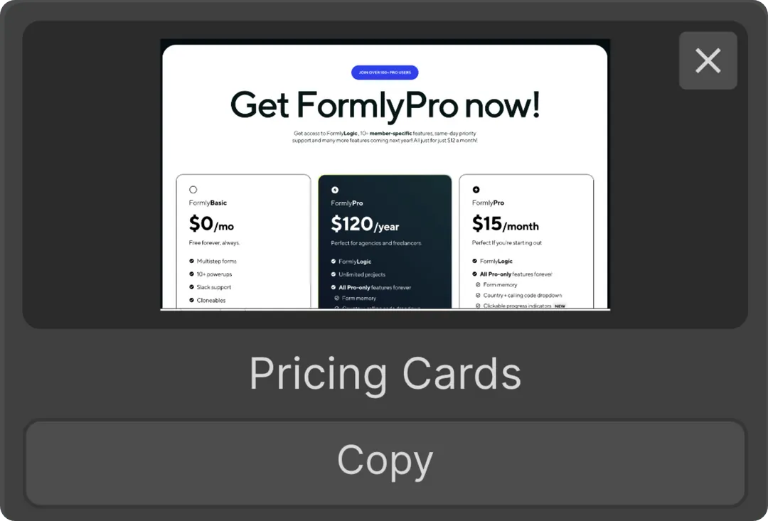 Pricing cards for FormlyPro plans showing Basic at $0/month, Pro Annual at $120/year, and Pro Monthly at $15/month with features listed.