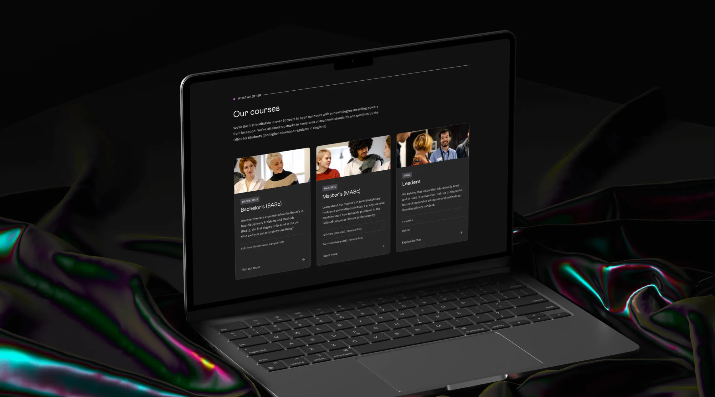 Laptop displaying a webpage titled 'Our courses' highlighting Bachelor's (BASc), Master's (MASc), and Leaders programs with images of people.
