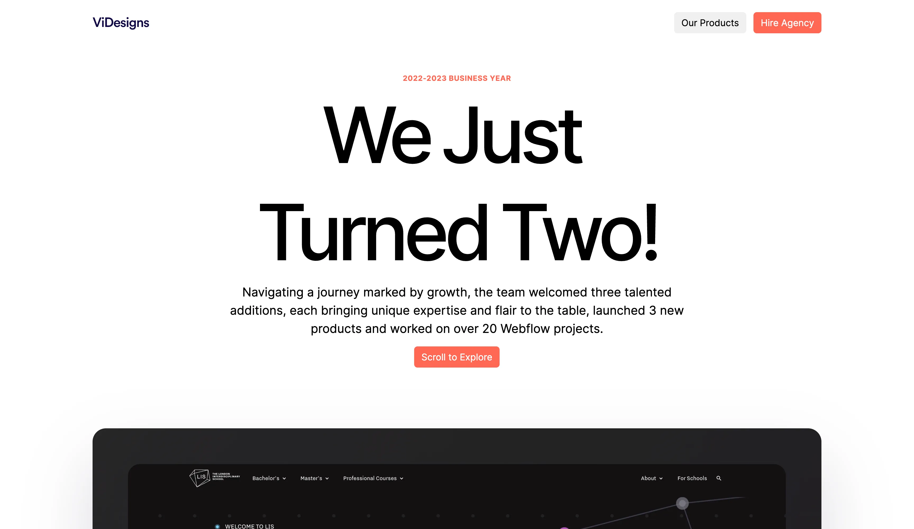 ViDesigns 2022-2023 business year announcement: We Just Turned Two! Celebrating team growth, new products, and over 20 Webflow projects.