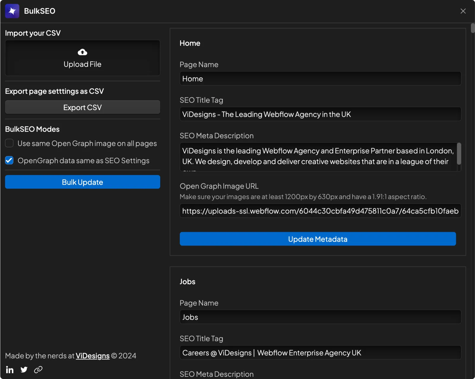 BulkSEO interface showing options to upload or export CSV, bulk update SEO settings for Home and Jobs pages with fields for page name, SEO title tag, meta description, and Open Graph image URL.