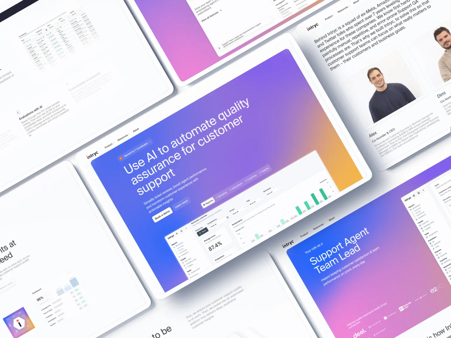 Website landing page screenshots showcasing AI-driven customer support and quality assurance tools by Intryc with performance metrics and team information.