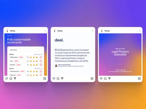 Three social media posts by Intryc against a purple and orange gradient background: left post shows customizable scorecards interface, middle post has a testimonial from Deel about audit output and insights, right post announces hiring for a Lead Product Specialist position.