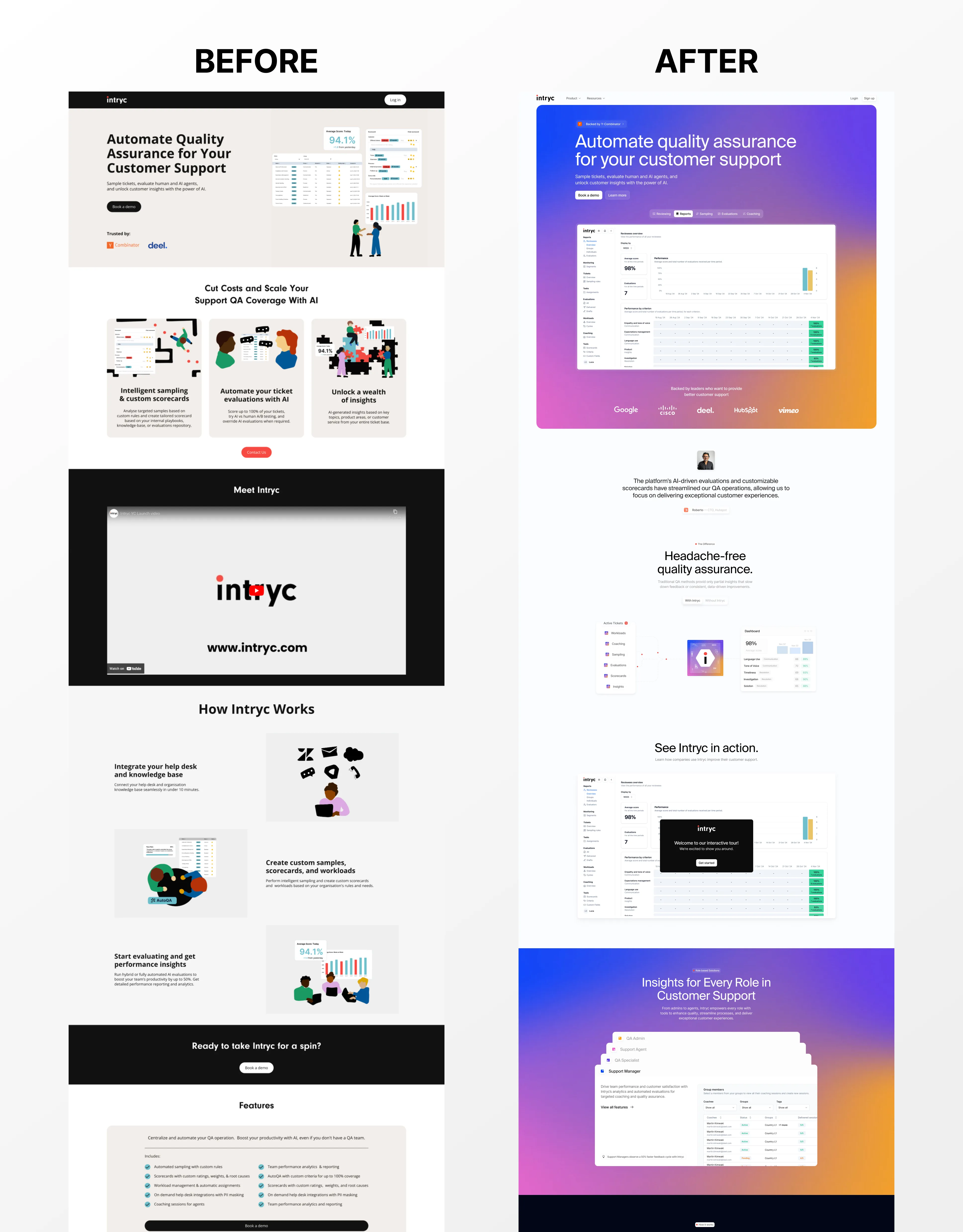 Comparison of a software website before and after redesign, showing improved layout, color gradient background, and clearer presentation of quality assurance features for customer support.