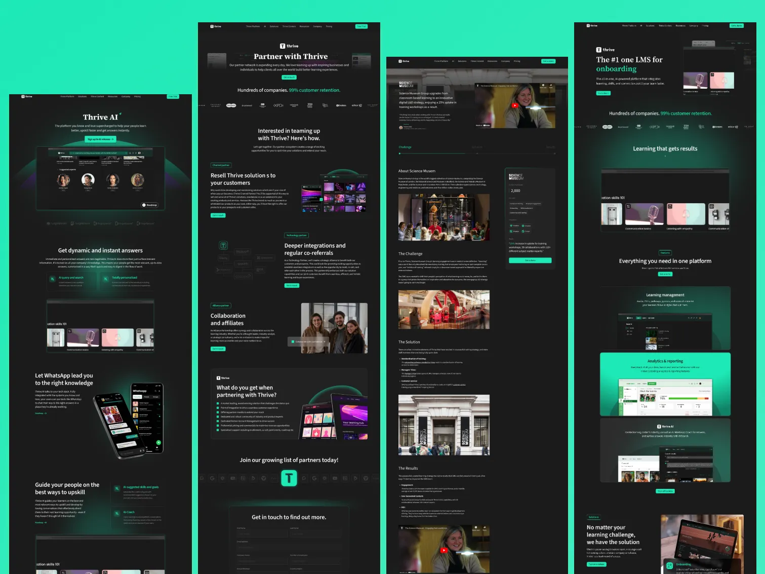 Four vertically arranged dark-themed web pages showcasing Thrive AI, partner network, Science Museum LMS case study, and Thrive onboarding platform features with images, text, and product screenshots.
